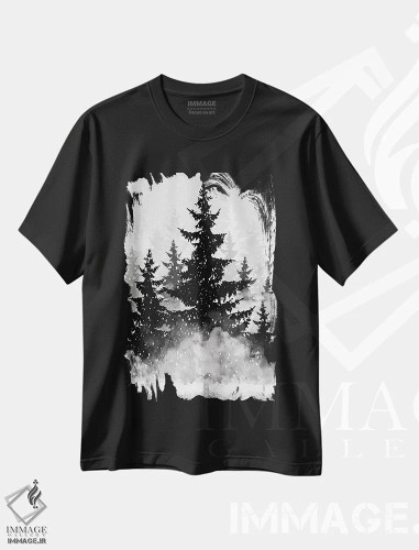 تیشرت مشکی طرح دار – تیشرت طبیعت ,کاج های مه آلود II اثر ملودی هوگان فروشگاه ایماژ