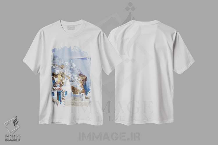 تیشرت سفید طرح دار – تیشرت منظره ,سانتورینی اثر ماهر مرکوس فروشگاه ایماژ