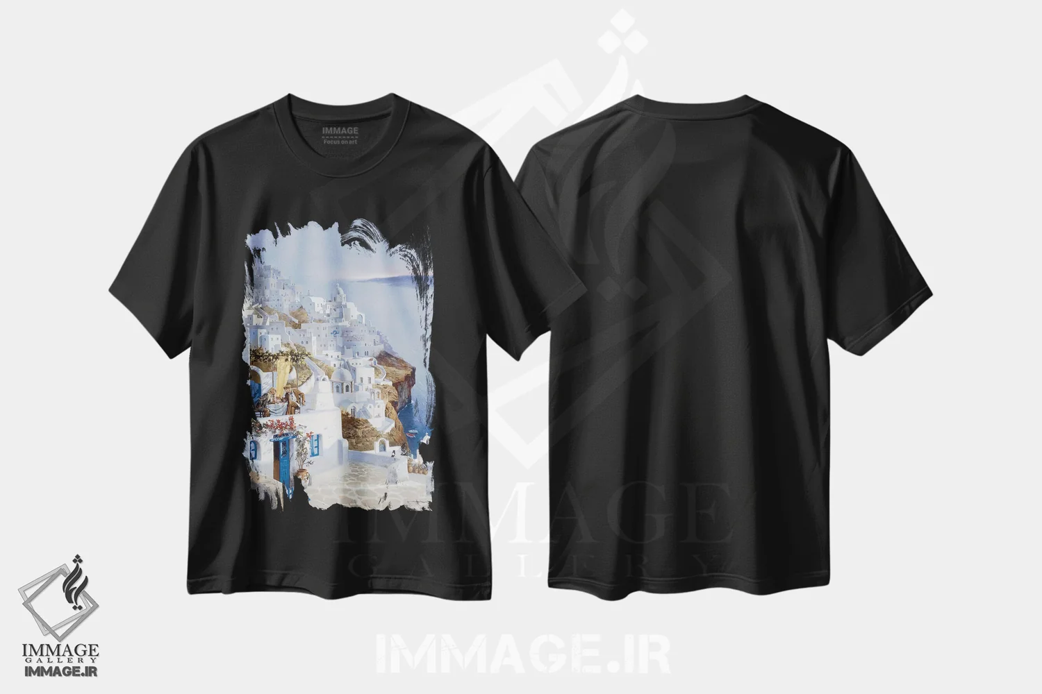 تیشرت مشکی طرح دار – تیشرت منظره ,سانتورینی اثر ماهر مرکوس immage.ir