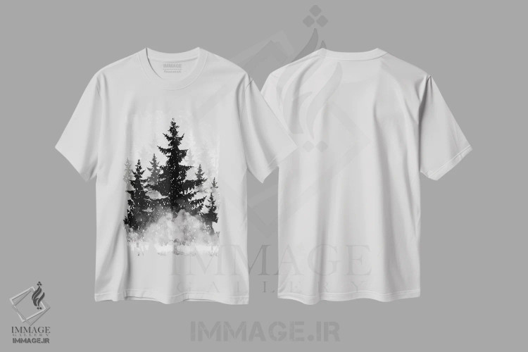 تیشرت سفید طرح دار – تیشرت طبیعت ,کاج های مه آلود II اثر ملودی هوگان immage.ir