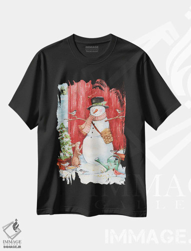 تیشرت مشکی طرح دار – تیشرت زمستانی ,آدم برفی با پرندگان و برف ریز اثر ملیندا هیپشر فروشگاه ایماژ