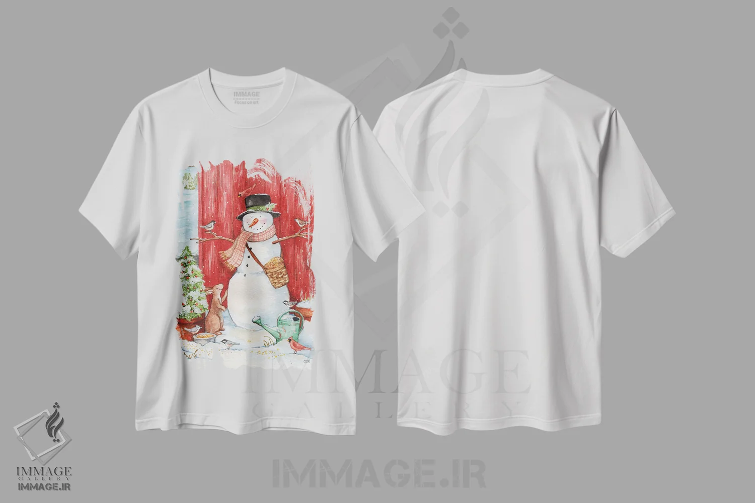 تیشرت سفید طرح دار – تیشرت زمستانی ,آدم برفی با پرندگان و برف ریز اثر ملیندا هیپشر immage.ir