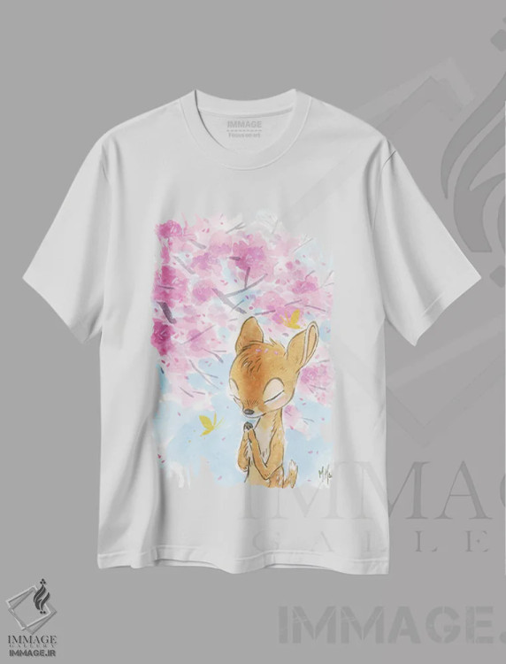 تیشرت سفید طرح دار – تیشرت طبیعت بهاری ,گوزن شکوفه گیلاس اثر مارتین هسو فروشگاه ایماژ