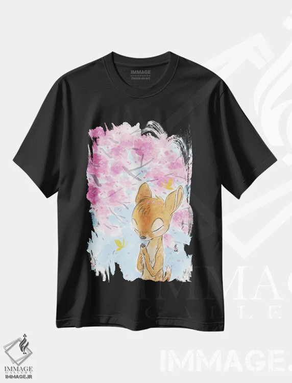 تیشرت مشکی طرح دار – تیشرت طبیعت بهاری ,گوزن شکوفه گیلاس اثر مارتین هسو immage.ir
