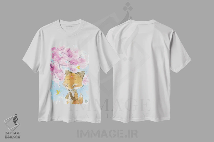 تیشرت سفید طرح دار – تیشرت هنری فانتزی ,روباه شکوفه گیلاس اثر مارتین هسو immage.ir