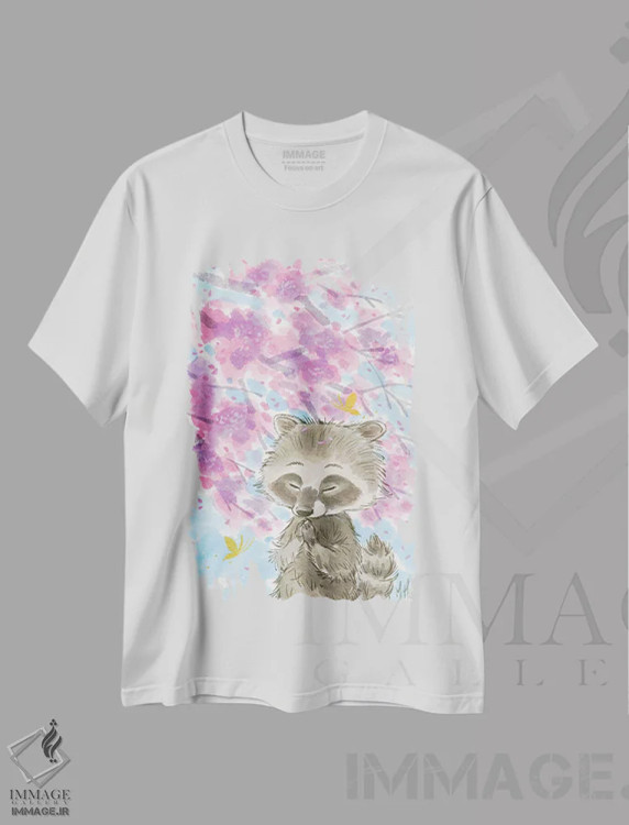 تیشرت سفید طرح دار – تیشرت طبیعت بهاری ,راکون شکوفه گیلاس اثر مارتین هسو immage.ir
