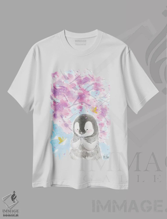تیشرت سفید طرح دار – تیشرت حیوانات ,پنگوئن شکوفه گیلاس اثر مارتین هسو فروشگاه ایماژ