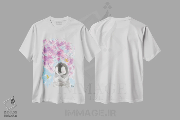 تیشرت سفید طرح دار – تیشرت حیوانات ,پنگوئن شکوفه گیلاس اثر مارتین هسو فروشگاه ایماژ