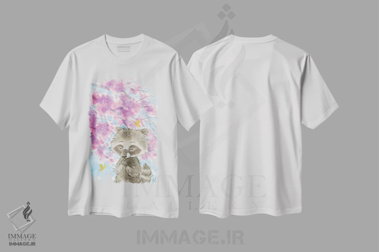 تیشرت سفید طرح دار – تیشرت طبیعت بهاری ,راکون شکوفه گیلاس اثر مارتین هسو immage.ir