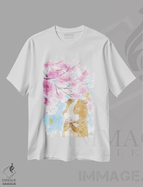 تیشرت سفید طرح دار – تیشرت هنری ,خوکچه هندی شکوفه گیلاس اثر مارتین هسو immage.ir