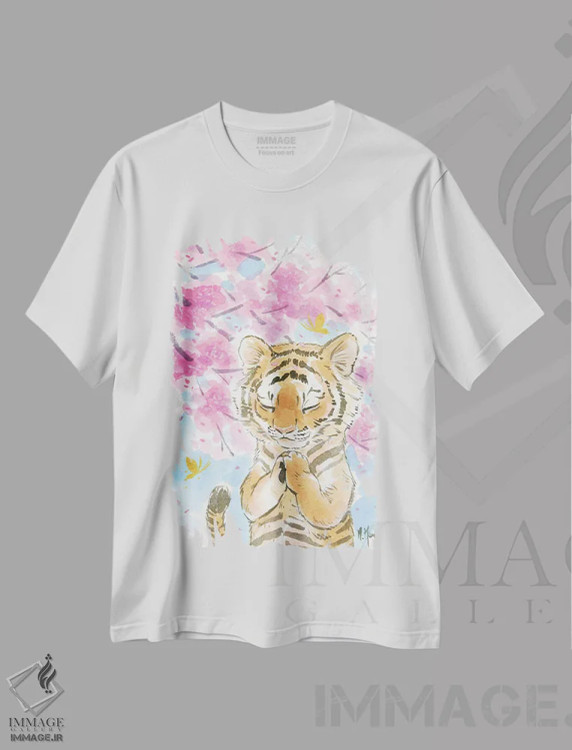 تیشرت سفید طرح دار – تیشرت حیوانات ,ببر شکوفه گیلاس اثر مارتین هسو فروشگاه ایماژ