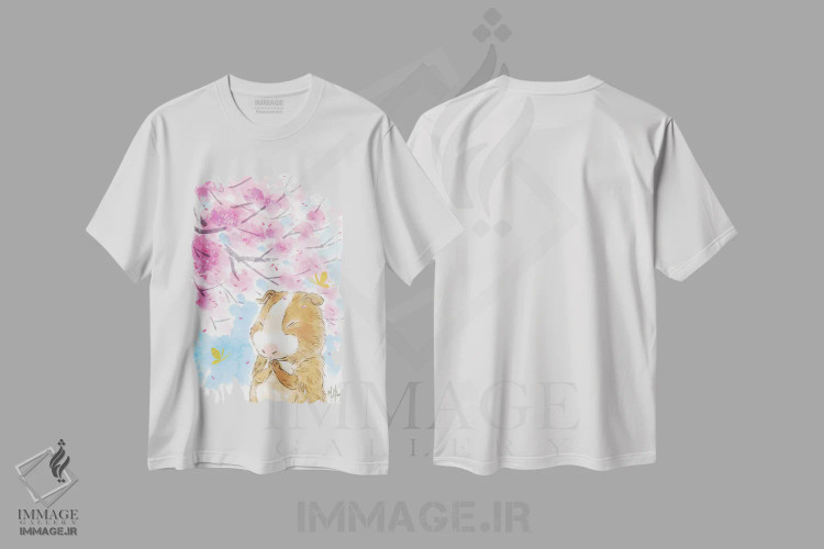 تیشرت سفید طرح دار – تیشرت هنری ,خوکچه هندی شکوفه گیلاس اثر مارتین هسو immage.ir
