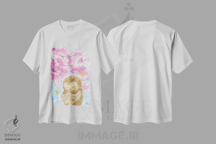 تیشرت سفید طرح دار – تیشرت هنری ,جغد شکوفه گیلاس اثر مارتین هسو فروشگاه ایماژ