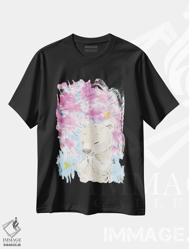 تیشرت مشکی طرح دار – تیشرت حیوانات ,خرس قطبی شکوفه گیلاس اثر مارتین هسو فروشگاه ایماژ