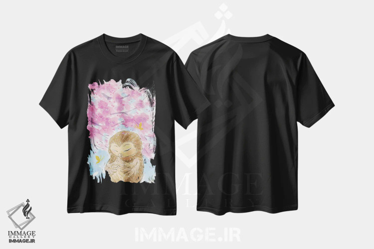 تیشرت مشکی طرح دار – تیشرت هنری ,جغد شکوفه گیلاس اثر مارتین هسو immage.ir