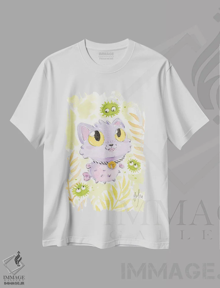 تیشرت سفید طرح دار – تیشرت فانتزی ,گربه بادکنکی اثر مارتین هسو فروشگاه ایماژ