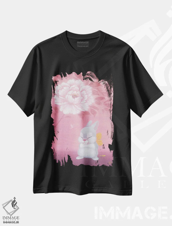 تیشرت مشکی طرح دار – تیشرت هنری ,خرگوش و گل صدتومانی اثر مارتین هسو immage.ir
