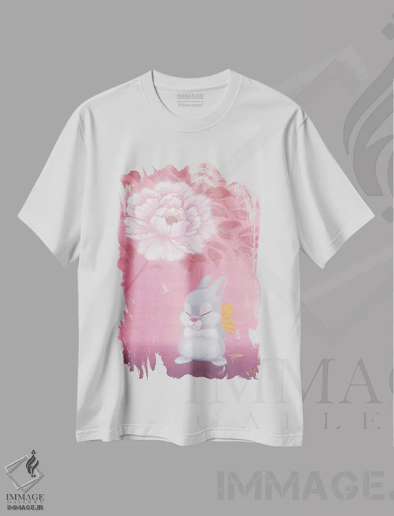 تیشرت سفید طرح دار – تیشرت هنری ,خرگوش و گل صدتومانی اثر مارتین هسو فروشگاه ایماژ