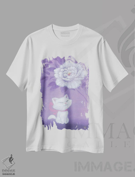 تیشرت سفید طرح دار – تیشرت هنری ,گربه سفید و گل صدتومانی اثر مارتین هسو immage.ir