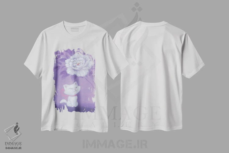 تیشرت سفید طرح دار – تیشرت هنری ,گربه سفید و گل صدتومانی اثر مارتین هسو immage.ir