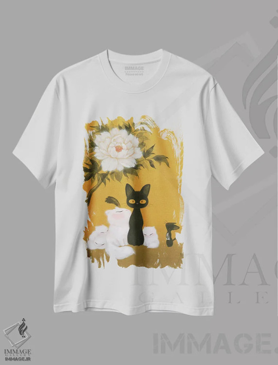 تیشرت سفید طرح دار – تیشرت هنری ,گربه ها و گل صدتومانی اثر مارتین هسو immage.ir