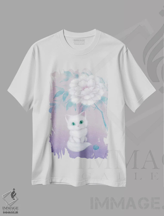 تیشرت سفید طرح دار – تیشرت هنری ,گربه سفید و گل صدتومانی اثر مارتین هسو فروشگاه ایماژ