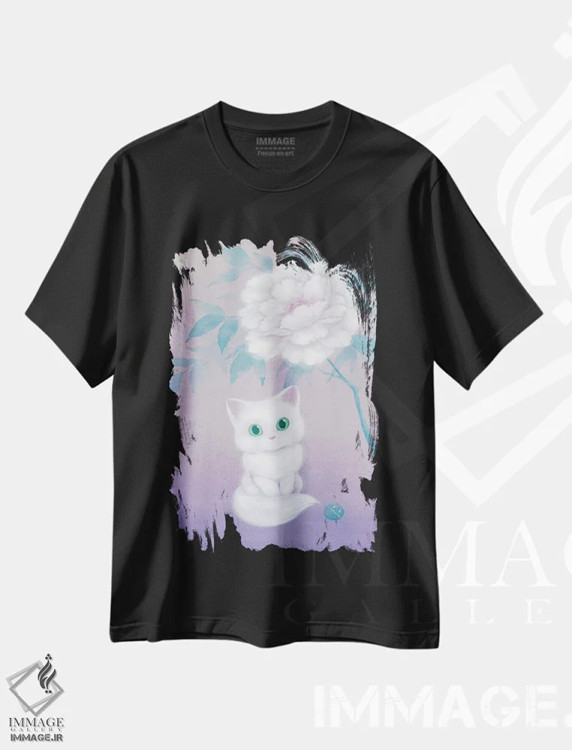 تیشرت مشکی طرح دار – تیشرت هنری ,گربه سفید و گل صدتومانی اثر مارتین هسو immage.ir