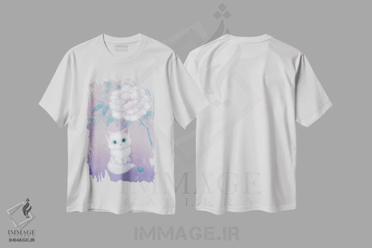 تیشرت سفید طرح دار – تیشرت هنری ,گربه سفید و گل صدتومانی اثر مارتین هسو فروشگاه ایماژ