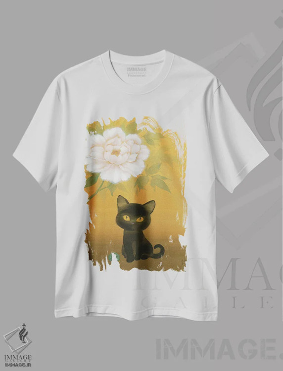 تیشرت سفید طرح دار – تیشرت گرافیکی ,گربه سیاه و گل صدتومانی اثر مارتین هسو immage.ir
