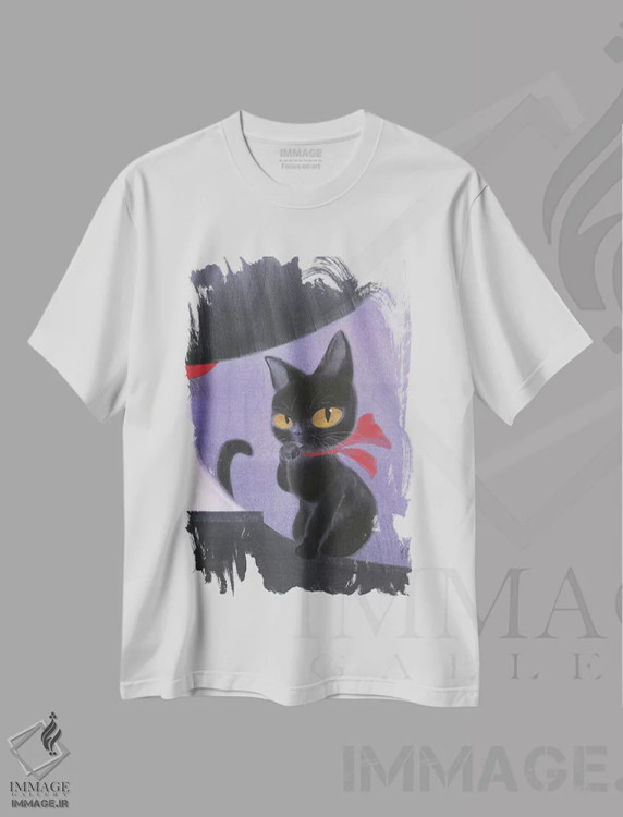 تیشرت سفید طرح دار – تیشرت فانتزی ,دختر و گربه سیاه اثر مارتین هسو immage.ir