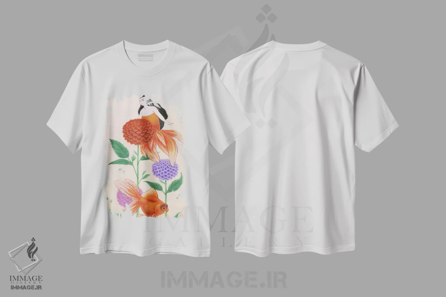 تیشرت سفید طرح دار – تیشرت فانتزی ,پری های دریایی ماهی طلایی اثر مارتین هسو immage.ir