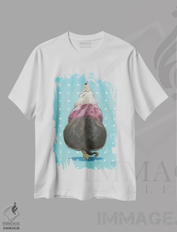 تیشرت سفید طرح دار – تیشرت فانتزی ,گربه بستنی اثر مارتین هسو فروشگاه ایماژ