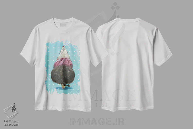 تیشرت سفید طرح دار – تیشرت فانتزی ,گربه بستنی اثر مارتین هسو فروشگاه ایماژ