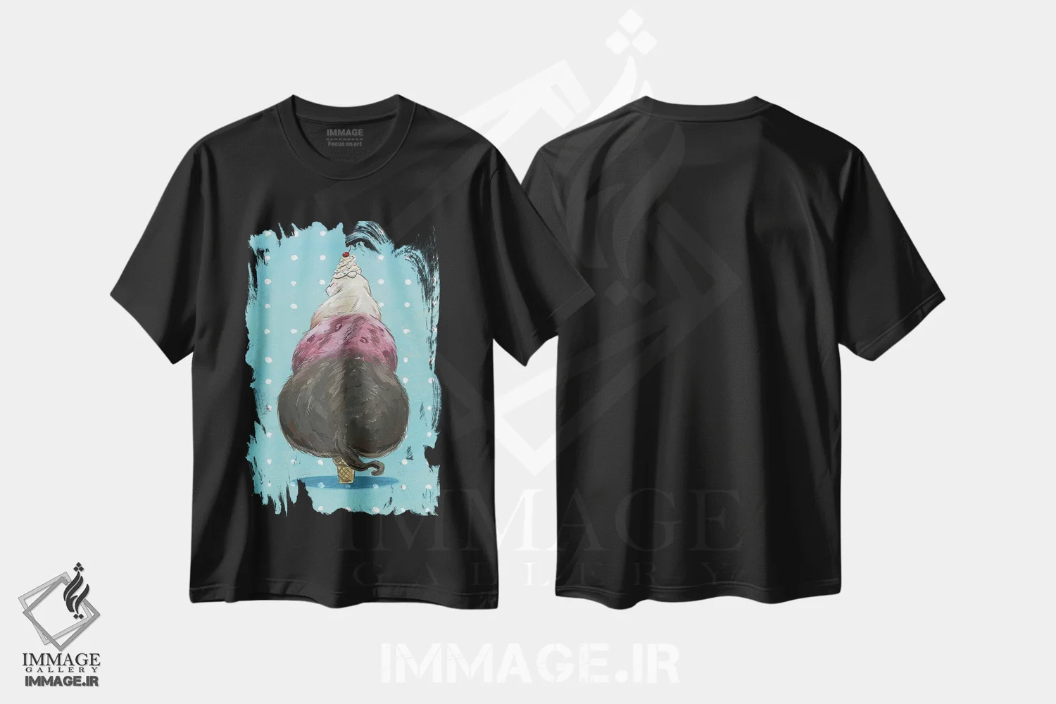 تیشرت مشکی طرح دار – تیشرت فانتزی ,گربه بستنی اثر مارتین هسو immage.ir