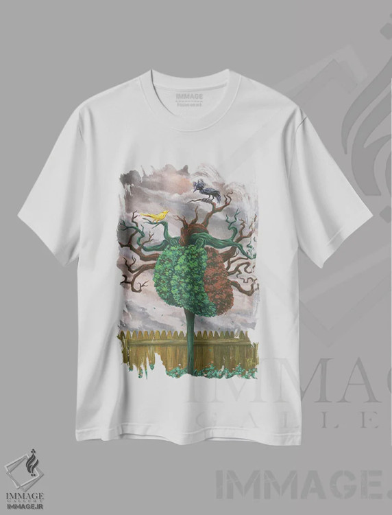 تیشرت سفید طرح دار – تیشرت هنری ,پرنده آوازخوان و کلاغ اثر مارتین هسو immage.ir