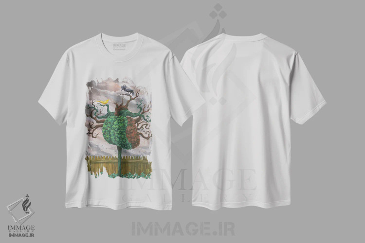 تیشرت سفید طرح دار – تیشرت هنری ,پرنده آوازخوان و کلاغ اثر مارتین هسو immage.ir
