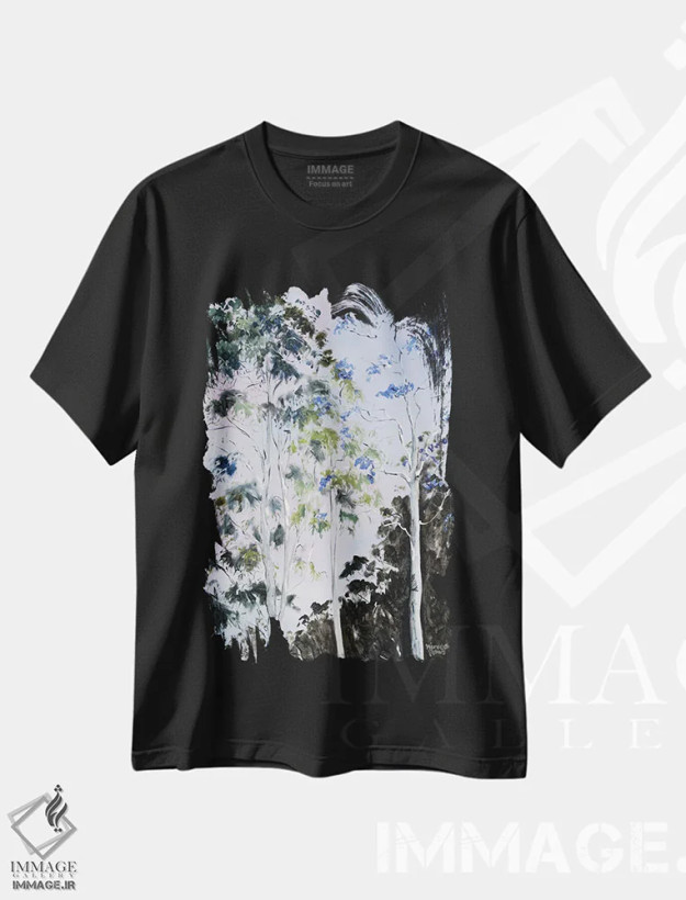 تیشرت مشکی طرح دار – تیشرت طبیعت ,درخشش درختان اثر مردیت هاوس فروشگاه ایماژ