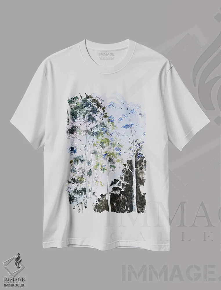 تیشرت سفید طرح دار – تیشرت طبیعت ,درخشش درختان اثر مردیت هاوس immage.ir