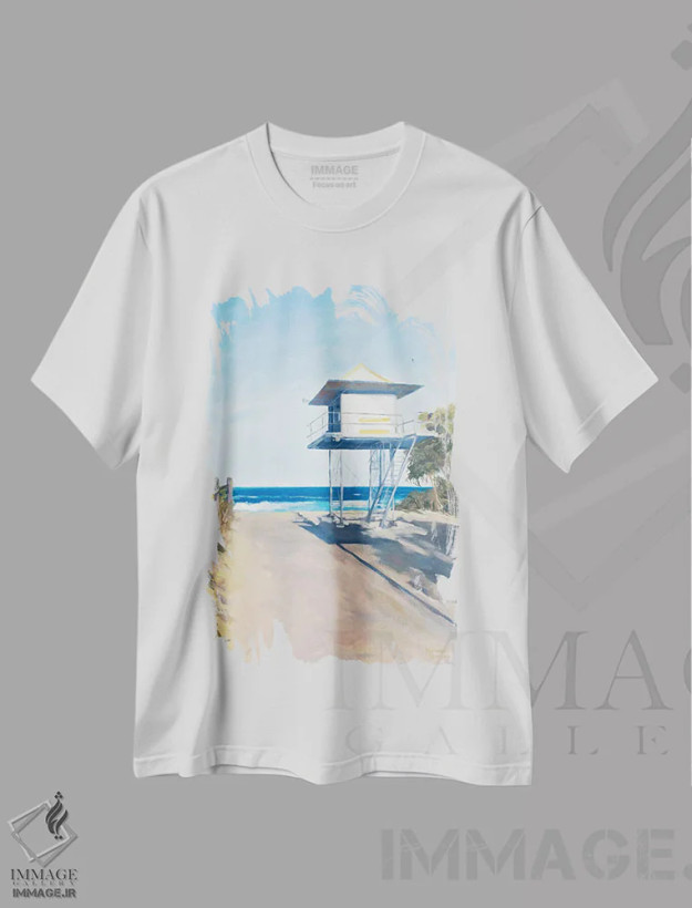 تیشرت سفید طرح دار – تیشرت ساحلی ,برج نجات غریق در کوراموندی اثر مردیت هاوس فروشگاه ایماژ