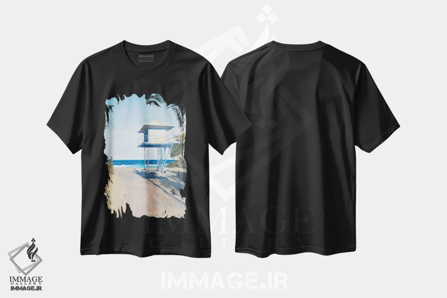 تیشرت مشکی طرح دار – تیشرت ساحلی ,برج نجات غریق در کوراموندی اثر مردیت هاوس immage.ir