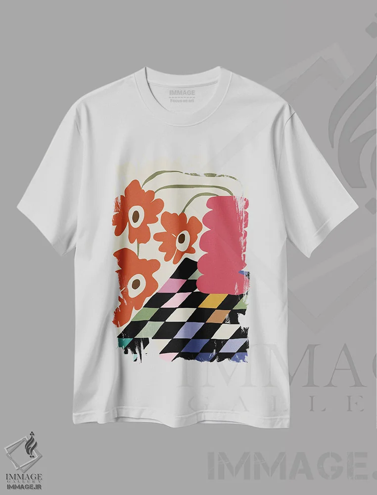 تیشرت سفید طرح دار – تیشرت فانتزی ,شطرنجی رنگی با گل افتاده اثر استودیو هنری میهو immage.ir