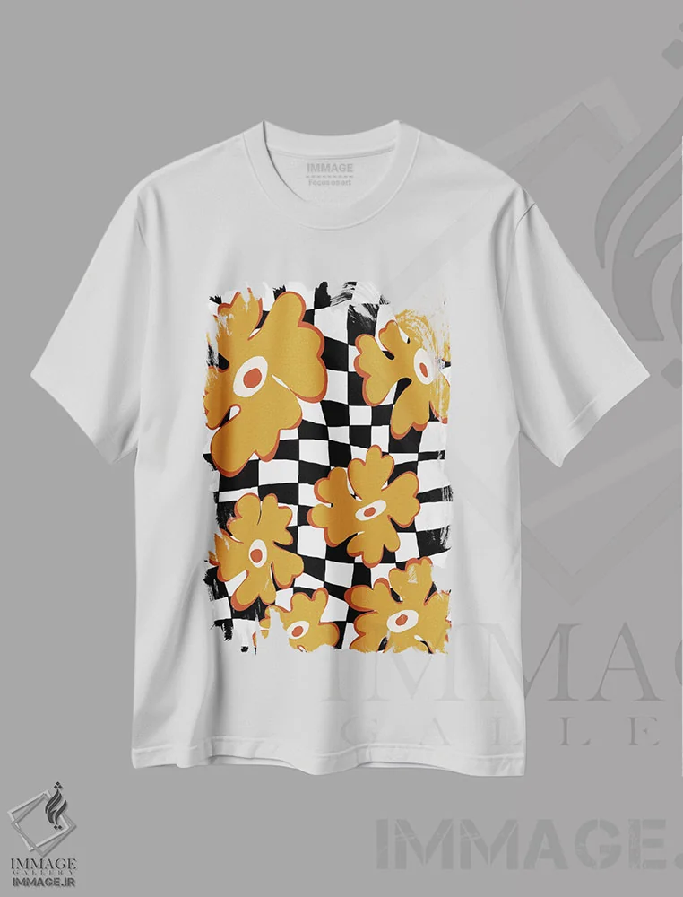 تیشرت سفید طرح دار – تیشرت گرافیکی ,شطرنجی گل دار سرگرم کننده اثر استودیو هنری میهو immage.ir