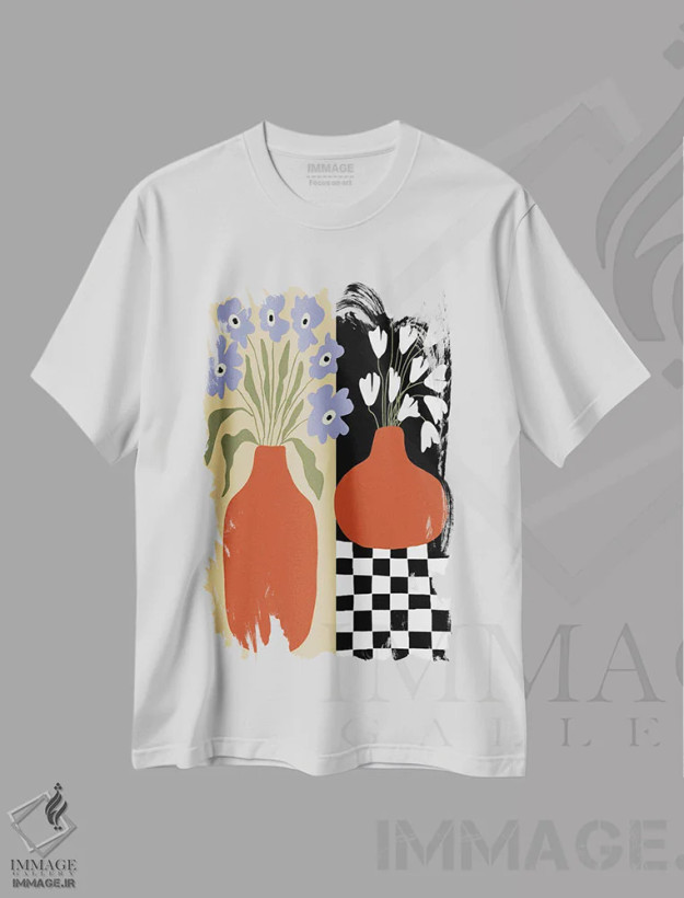 تیشرت سفید طرح دار – تیشرت هنری ,سفال گل دار شب و روز اثر استودیو هنری میهو فروشگاه ایماژ