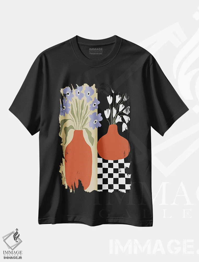 تیشرت مشکی طرح دار – تیشرت هنری ,سفال گل دار شب و روز اثر استودیو هنری میهو immage.ir