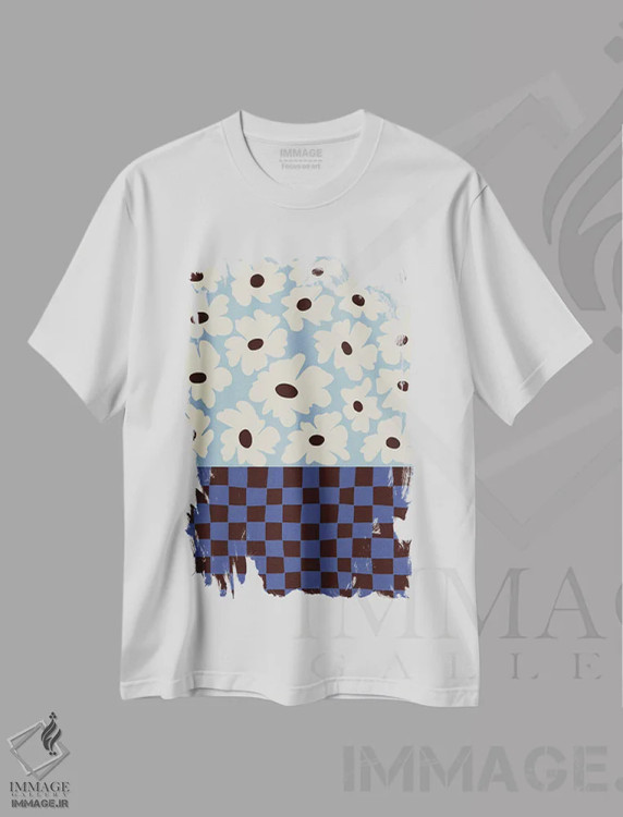 تیشرت سفید طرح دار – تیشرت هندسی ,شطرنجی گل ها اثر استودیو هنری میهو فروشگاه ایماژ