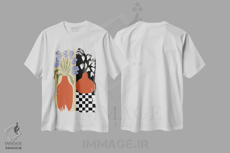 تیشرت سفید طرح دار – تیشرت هنری ,سفال گل دار شب و روز اثر استودیو هنری میهو فروشگاه ایماژ