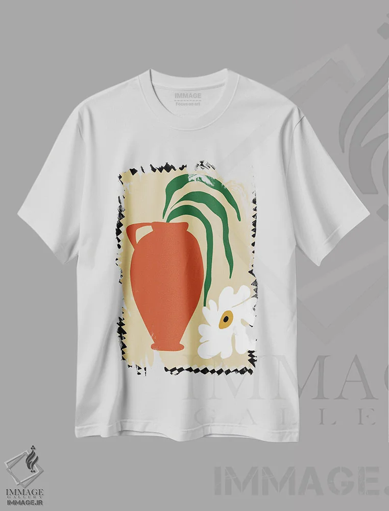 تیشرت سفید طرح دار – تیشرت رترو ,"سرامیک پاییزی گل شاد" اثر استودیو هنری میهو immage.ir
