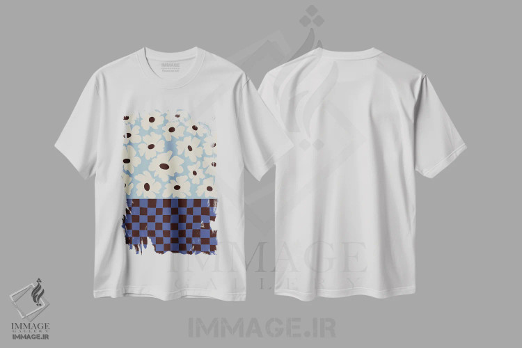 تیشرت سفید طرح دار – تیشرت هندسی ,شطرنجی گل ها اثر استودیو هنری میهو فروشگاه ایماژ