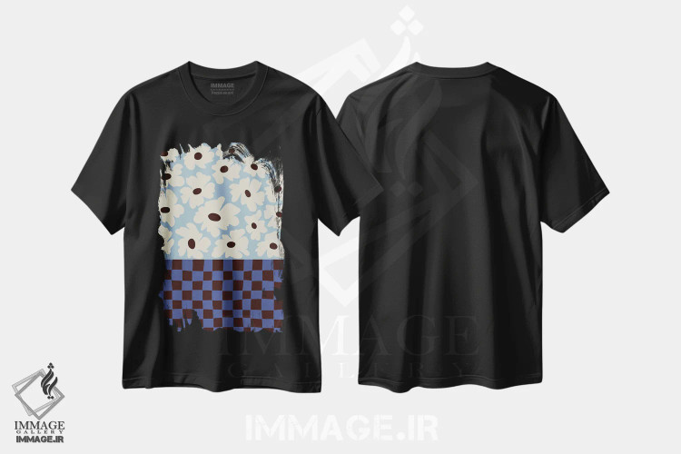 تیشرت مشکی طرح دار – تیشرت هندسی ,شطرنجی گل ها اثر استودیو هنری میهو immage.ir