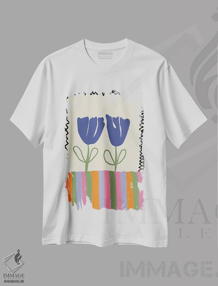 تیشرت سفید طرح دار – تیشرت پاپ آرت ,"دو گل شاداب" اثر استودیو هنری میهو فروشگاه ایماژ